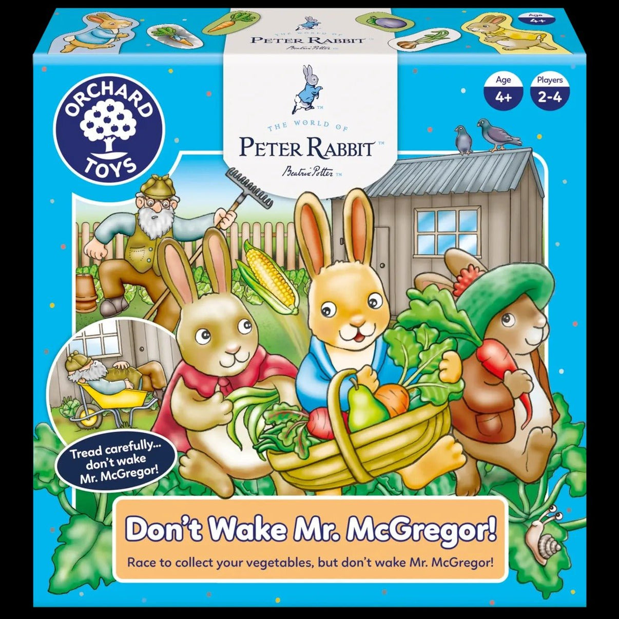 Board game box front with rabbits and vegetables and a title panel