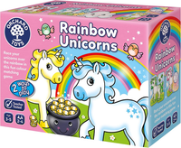 Rainbow unicorns matching and memory game box with cartoon unicorns and rainbow