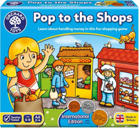 Board game box: Pop to the Shops with illustrated children and shopfront