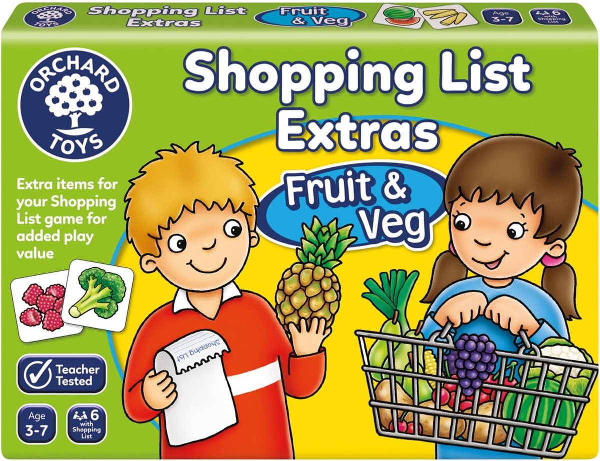 Orchard Toys Shopping List Extras booster pack for fruit and veg play, with kids on box