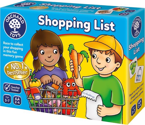 Shopping List board game box front with two children, shopping basket, and bestseller badge.