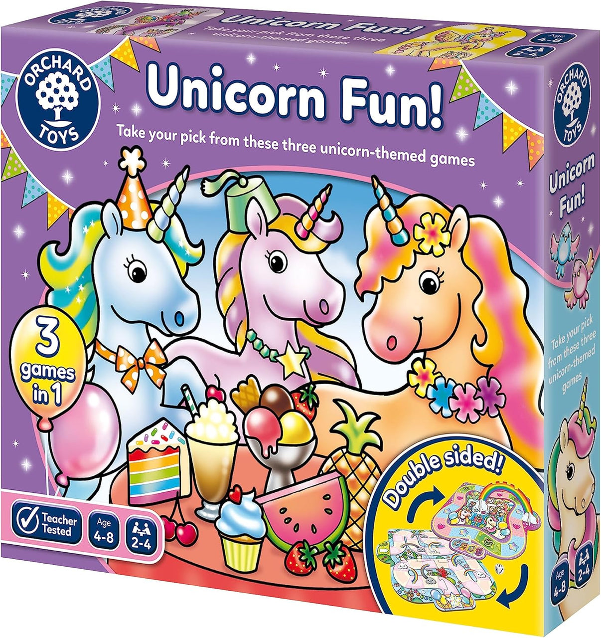 Orchard Toys Unicorn Fun 3-in-1 board games box with unicorn illustrations and game pieces