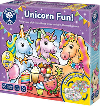Orchard Toys Unicorn Fun 3-in-1 board games box with unicorn illustrations and game pieces