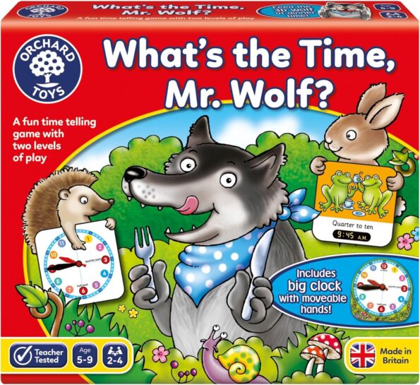 Time-telling board game box with Mr. Wolf and a clock-face illustration