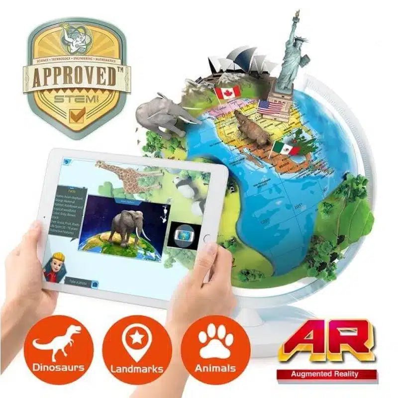 Smart globe with augmented reality icons and tablet screen