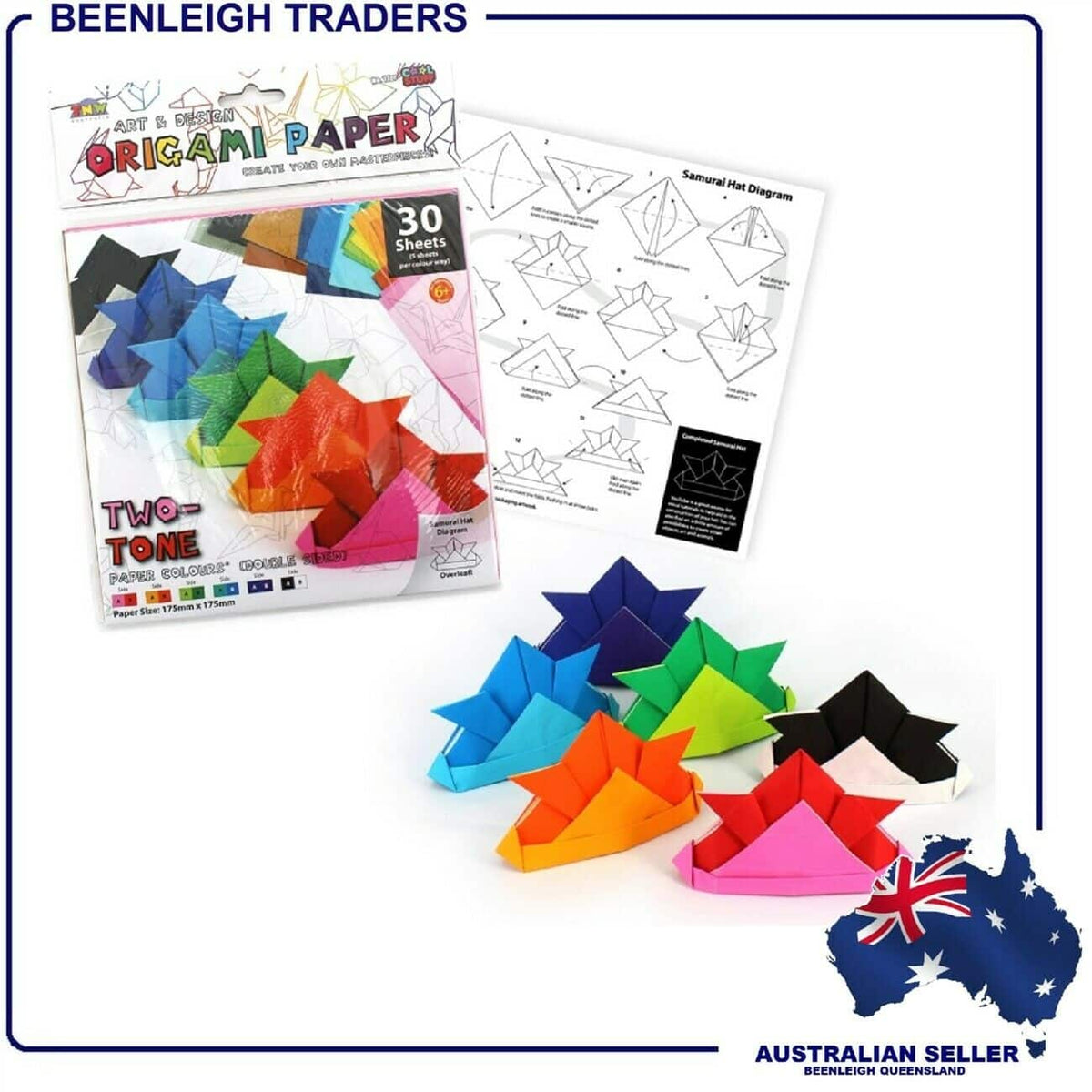 Two-tone origami paper pack, 30 sheets in mixed blue, green, orange, pink, black.