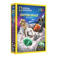 National Geographic dig kit box with outer space theme and rock/gem specimens