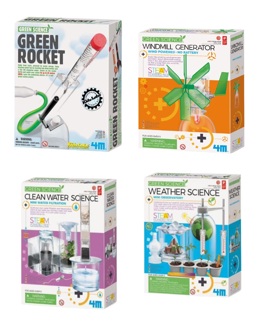 STEM science kit box set with windmill and rocket designs