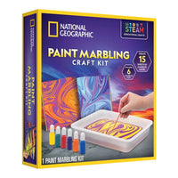 Paint marbling craft kit box featuring marbled swirl artwork and paint tray