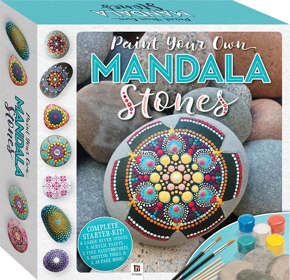 Mandala stones paint kit box with illustrated mandala on rocks and included paint pots