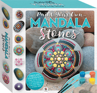 Mandala stones paint kit box with illustrated mandala on rocks and included paint pots