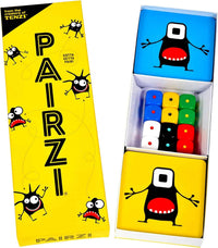 Card game box with two critter card panels and a tray of colorful dice