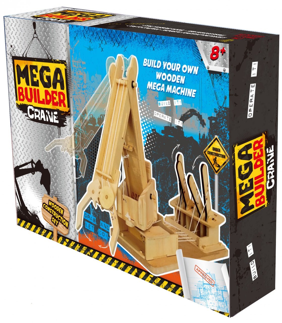 Wooden crane construction kit with guide frame and lifting arm on base tray