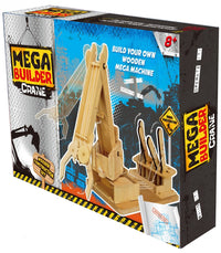 Wooden crane construction kit with guide frame and lifting arm on base tray