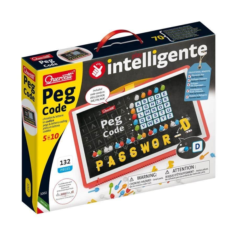 Quercetti Peg Code Game box with alphabet peg board and colorful peg pieces