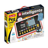 Quercetti Peg Code Game box with alphabet peg board and colorful peg pieces