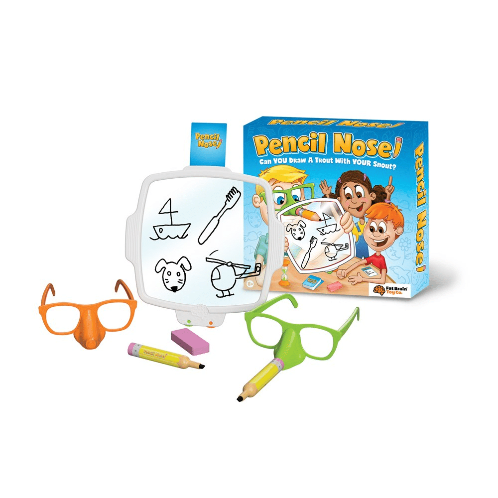 Pencil Nose Fat Brain Toys drawing game set with board, markers, and glasses