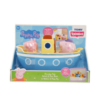 Toy splash and pour boat set in retail box, blue boat with yellow pump and figures