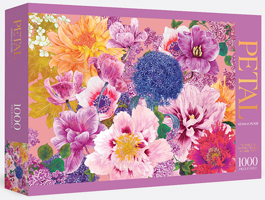 Jigsaw puzzle box showing colorful purple and pink flowers with a dark blue center ball