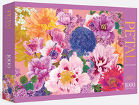 Jigsaw puzzle box showing colorful purple and pink flowers with a dark blue center ball