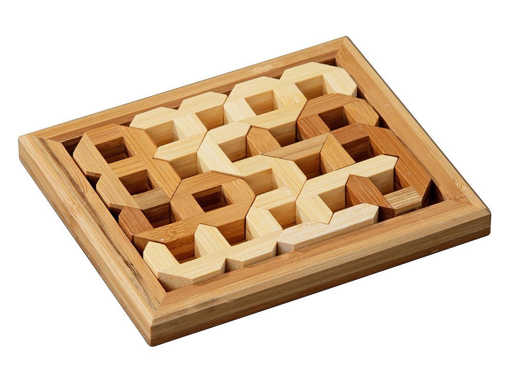 Wooden number puzzle board with carved cube pieces in tray