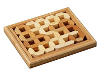 Wooden number puzzle board with carved cube pieces in tray