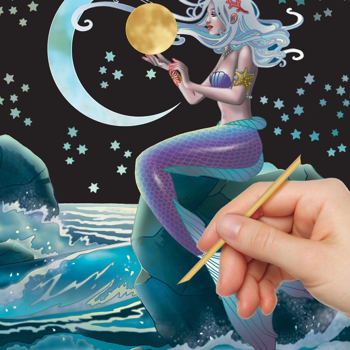 Picture etch art kit sheet with stylus, moon and mermaid figure in ocean