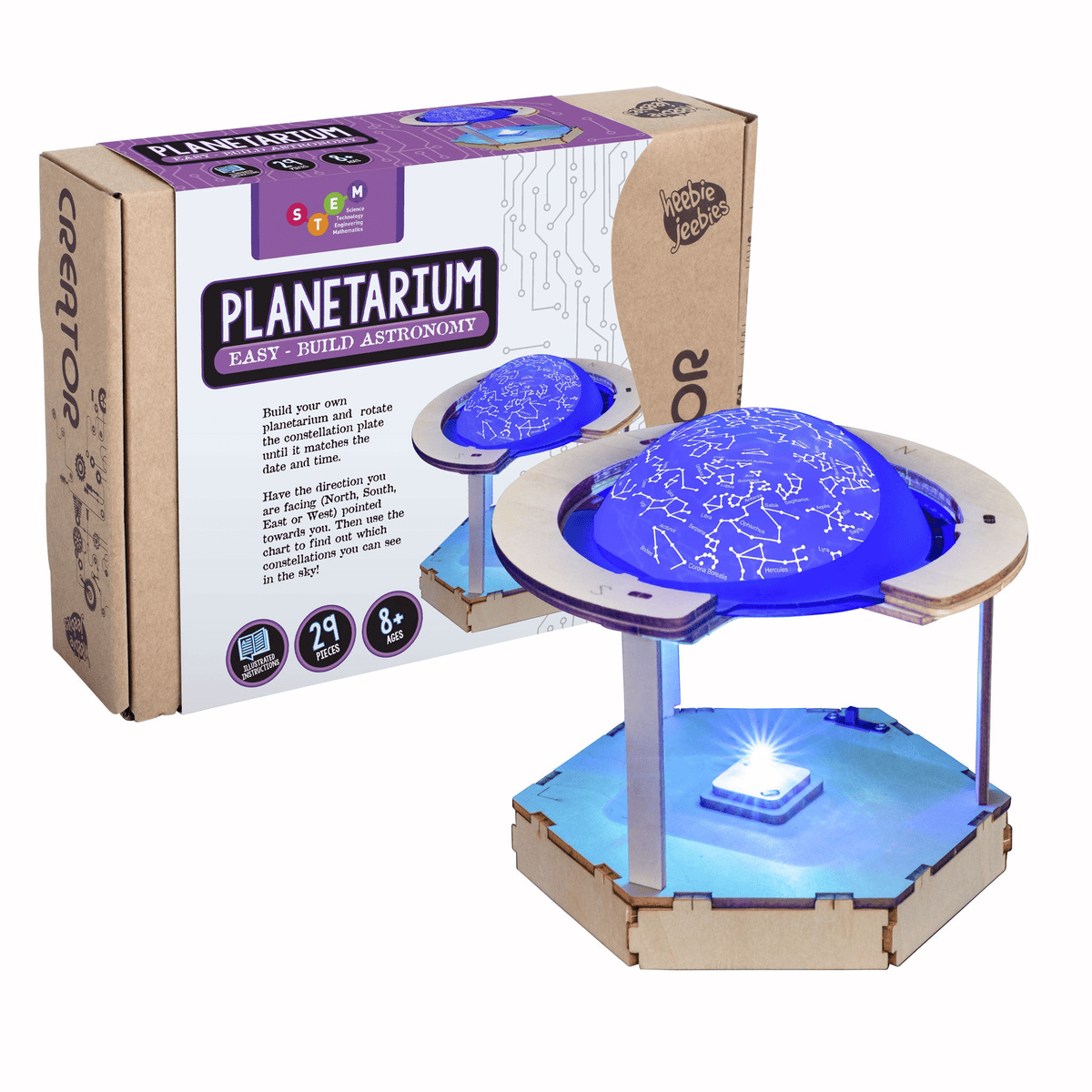 DIY planetarium kit with blue-lit globe dome and cardboard base, shown with retail box