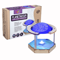 DIY planetarium kit with blue-lit globe dome and cardboard base, shown with retail box