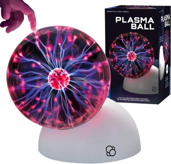 Plasma ball on light base with magenta and blue electric strands inside clear dome