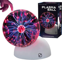 Plasma ball on light base with magenta and blue electric strands inside clear dome