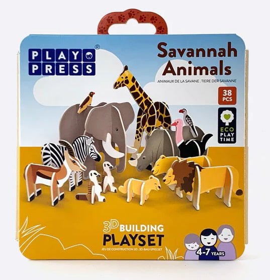 Savannah animals 3D building playset with pop-out pieces, featuring elephants, zebra, giraffe