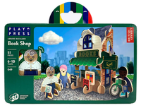 Book shop building playset box showing mini shop, figures, and bicycle character