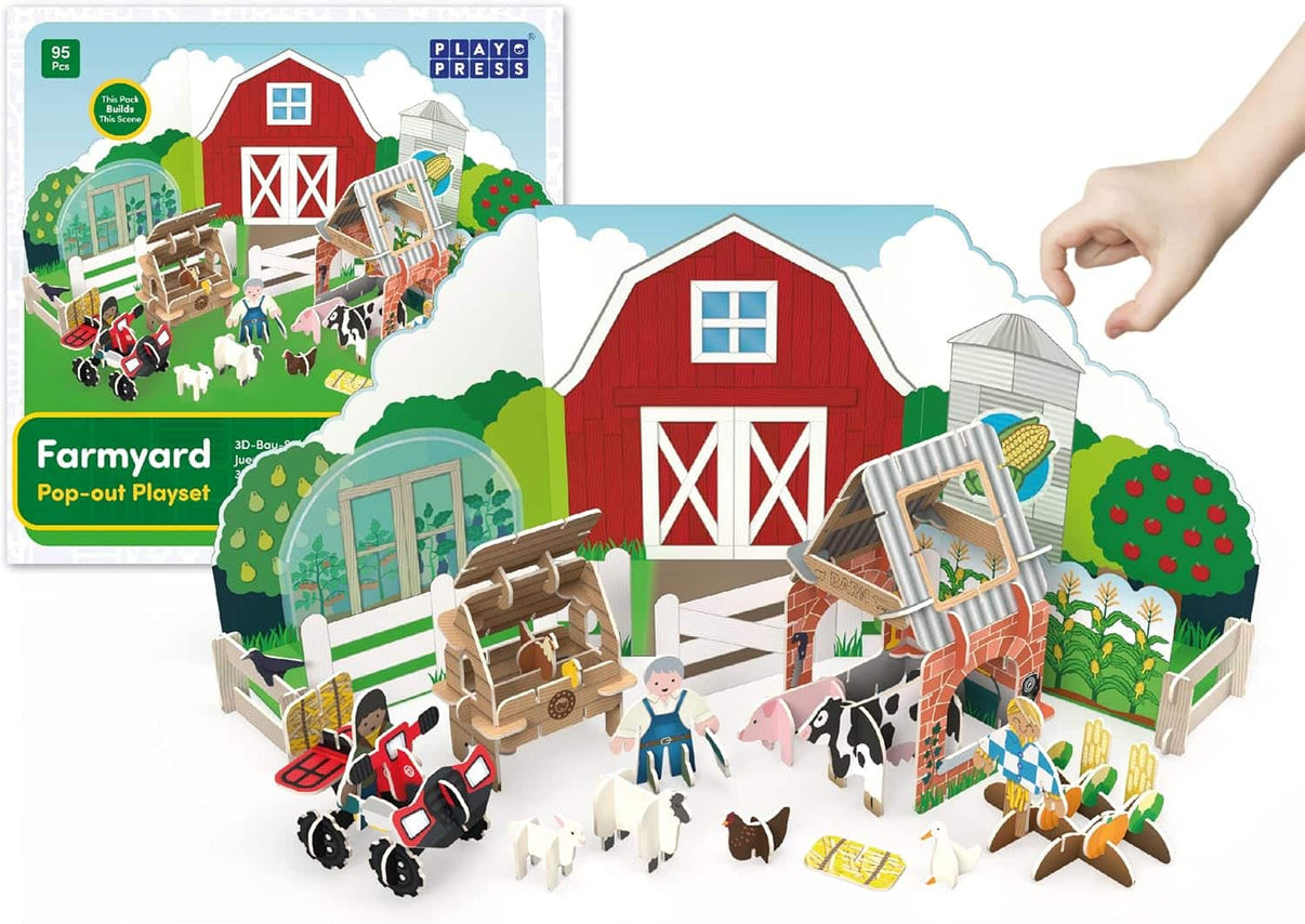Farmyard pop-out playset with red barn, fences, trees, figures and animal toys