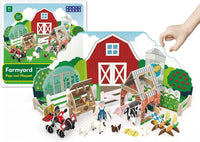 Farmyard pop-out playset with red barn, fences, trees, figures and animal toys