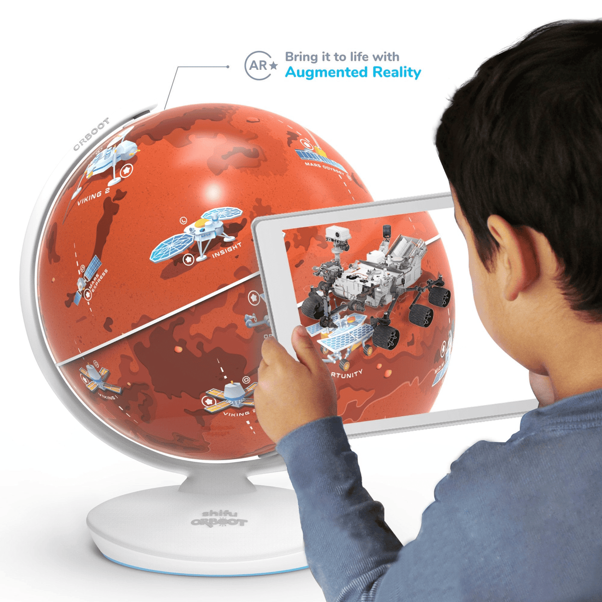 Interactive Mars globe with AR stickers and tablet view in use