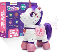 Plush unicorn story-teller toy with purple mane beside ZeeZee Smart Tech product box.