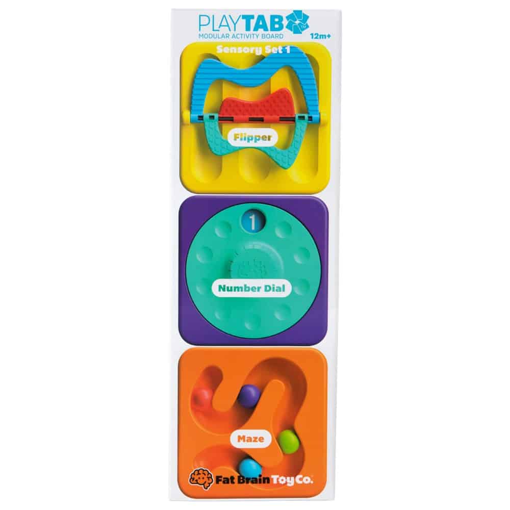 Sensory activity set blister pack with flipper, number dial, and maze tile