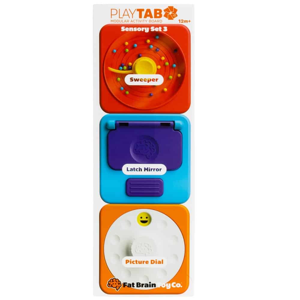 Sensory activity toy set with latch mirror, picture dial, and sweeper game