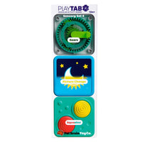PlayTab sensory activity board set with gears, moon-and-sun panel, and squeaker tile