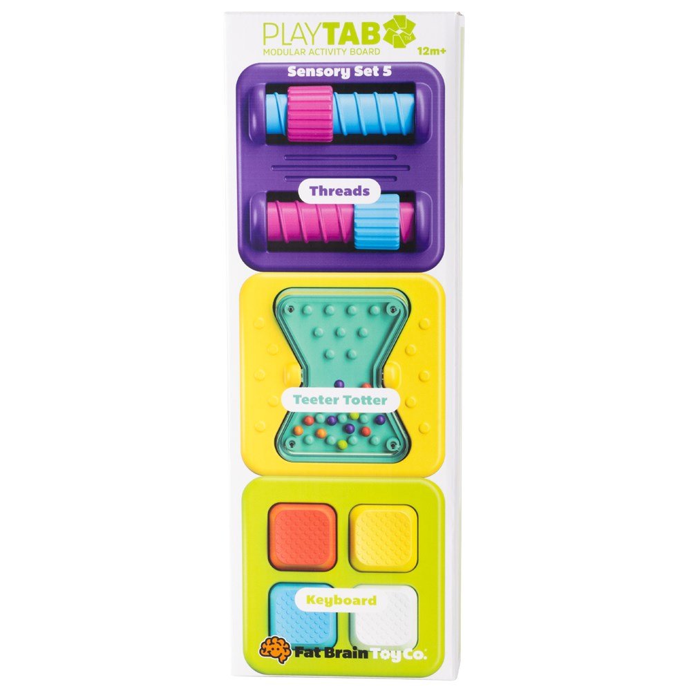 Sensory toy tile set with three colorful modular puzzle panels, stacked in a box