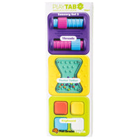 Sensory toy tile set with three colorful modular puzzle panels, stacked in a box