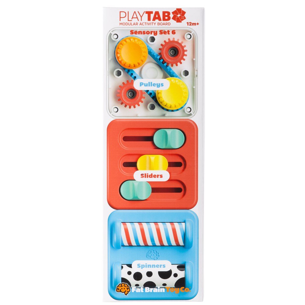 Modular activity toy set in retail box with pulleys, sliders, and spinners tiles
