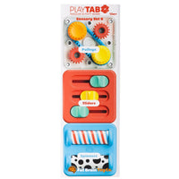 Modular activity toy set in retail box with pulleys, sliders, and spinners tiles