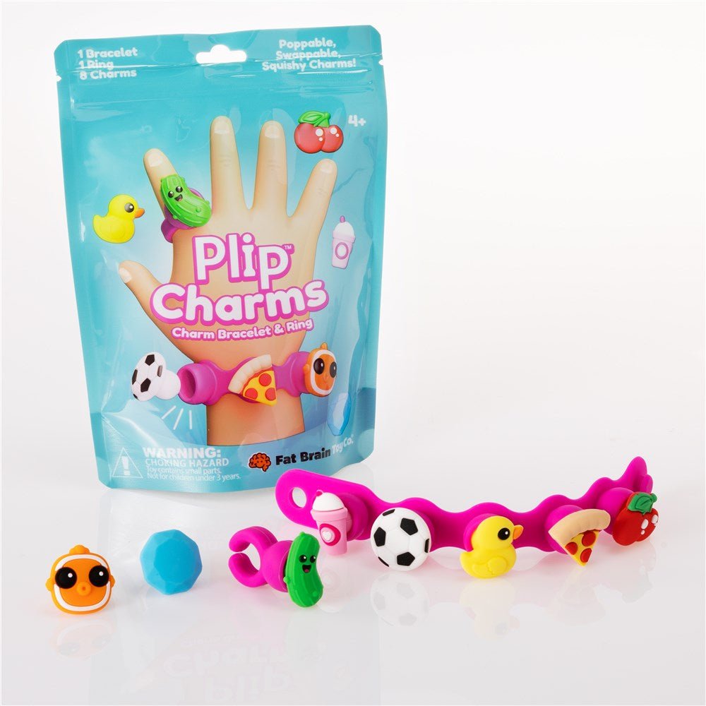 Pink charm bracelet in blister pack, with soccer ball, duck, pizza, and snap charms