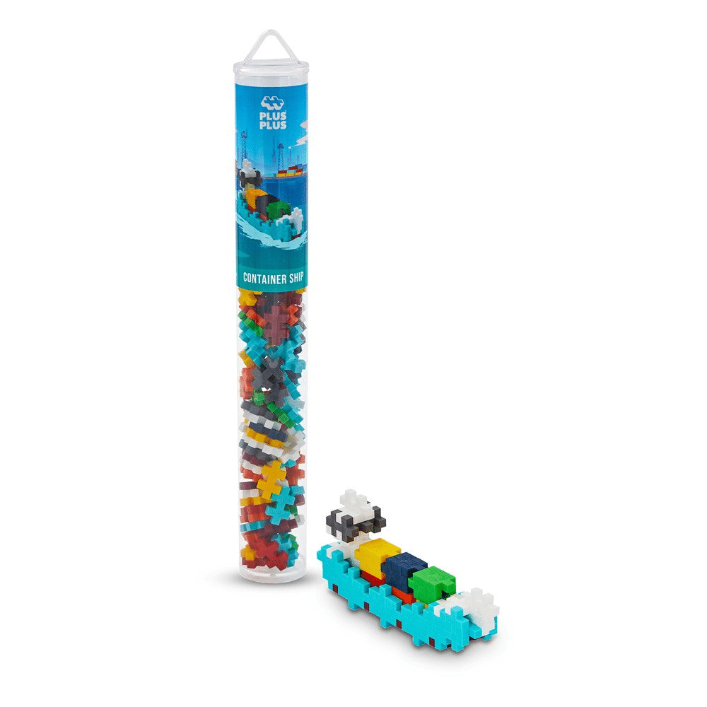 Container of building blocks with assembled container ship and loose pieces