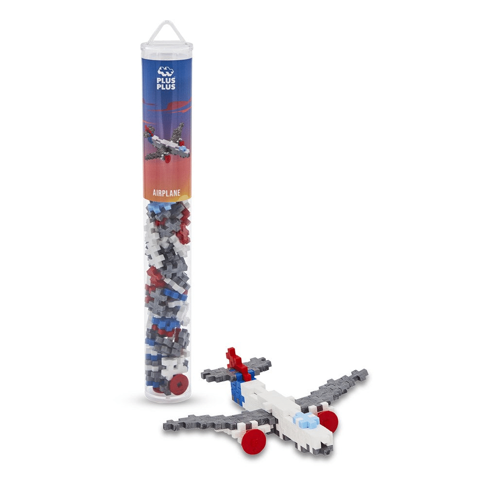 Plus-Plus airplane building set in clear tube with mixed gray, red, blue pieces