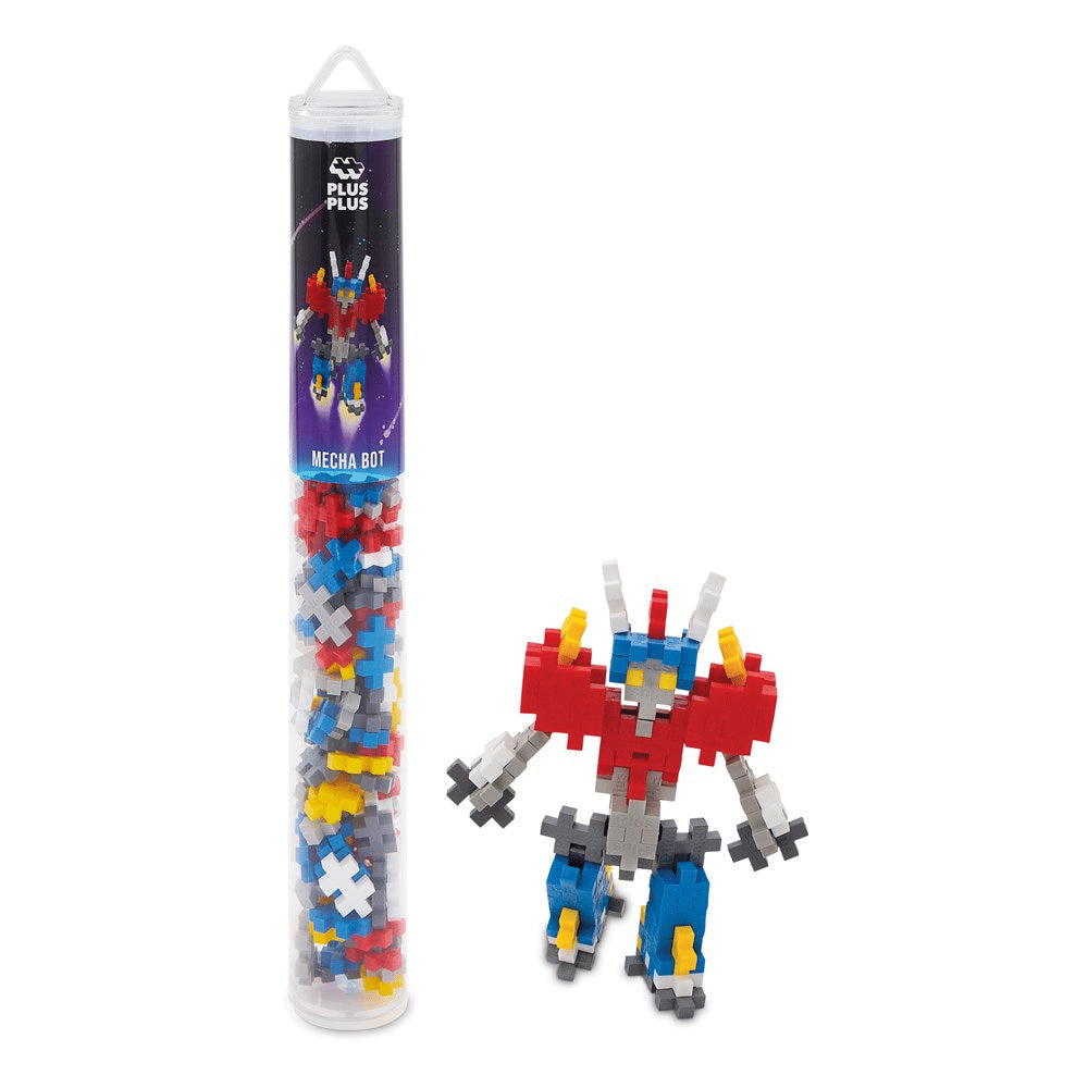 Plus-Plus Mecha bot building set tube with colorful pieces and small robot figure