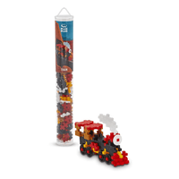 Building block train set in plastic tube, red, black and white pieces