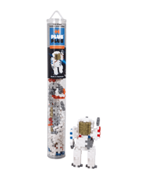 Plus-Plus astronaut building set tube with mixed white, blue, red, and dark gray pieces